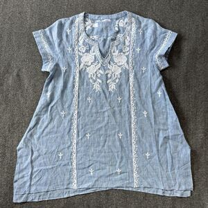 Kyla Seo Shirt Womens S Blue Linen Chambray Floral Embroidered Beach Coastal